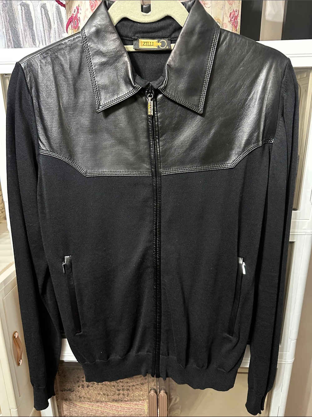 Zilli Men's Black Leather-Trim Cardigan Zip Sweater
